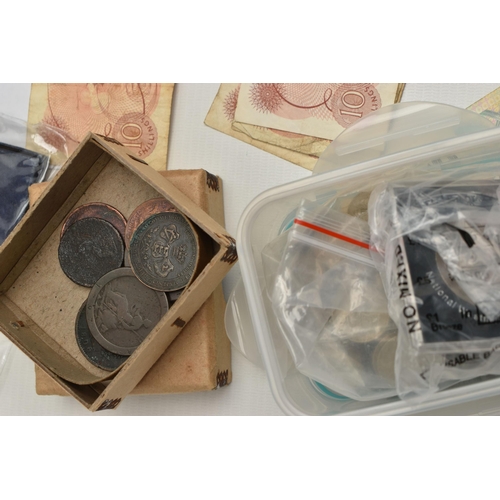 229 - A BOX CONTAINING COINS AND BANKNOTES TO INCLUDE: A Charles 11 1668 Vicesimo Crown Coin,Amounts of Si... 