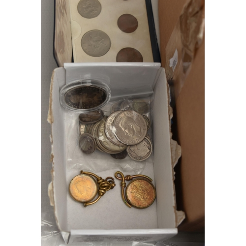 229 - A BOX CONTAINING COINS AND BANKNOTES TO INCLUDE: A Charles 11 1668 Vicesimo Crown Coin,Amounts of Si... 