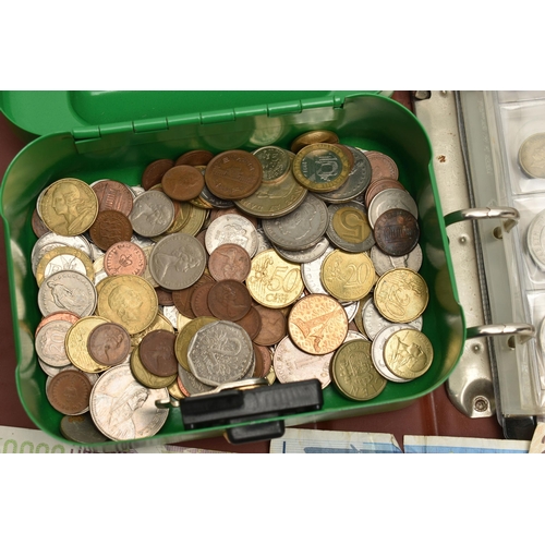 231 - A CARBOARD TRAY CONTAINING AMOUNTS OF COINS SOME IN AN ALBUM OTHERS IN A SMALL STRONG BOX ETC