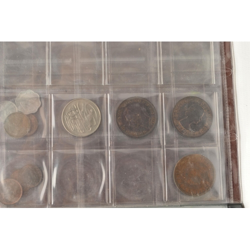 231 - A CARBOARD TRAY CONTAINING AMOUNTS OF COINS SOME IN AN ALBUM OTHERS IN A SMALL STRONG BOX ETC