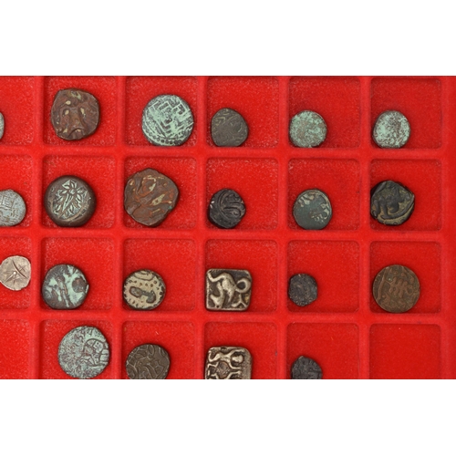 233 - TWO LINDNER TRAYS CONTAINING ANCIENT SILVER AND BRONZE/COPPER COINS, to include lots of India coins ... 