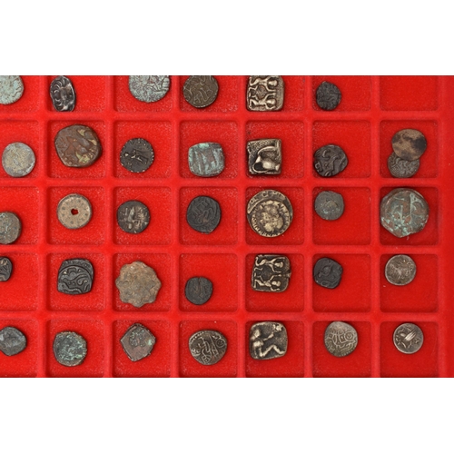 233 - TWO LINDNER TRAYS CONTAINING ANCIENT SILVER AND BRONZE/COPPER COINS, to include lots of India coins ... 