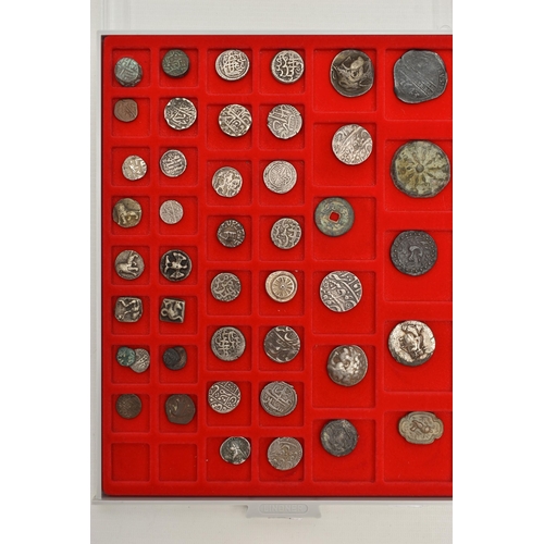 233 - TWO LINDNER TRAYS CONTAINING ANCIENT SILVER AND BRONZE/COPPER COINS, to include lots of India coins ... 