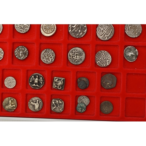 233 - TWO LINDNER TRAYS CONTAINING ANCIENT SILVER AND BRONZE/COPPER COINS, to include lots of India coins ... 