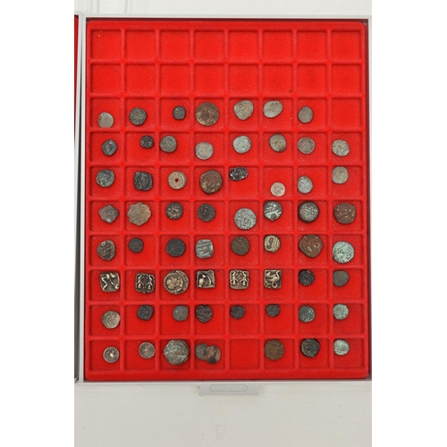 233 - TWO LINDNER TRAYS CONTAINING ANCIENT SILVER AND BRONZE/COPPER COINS, to include lots of India coins ... 