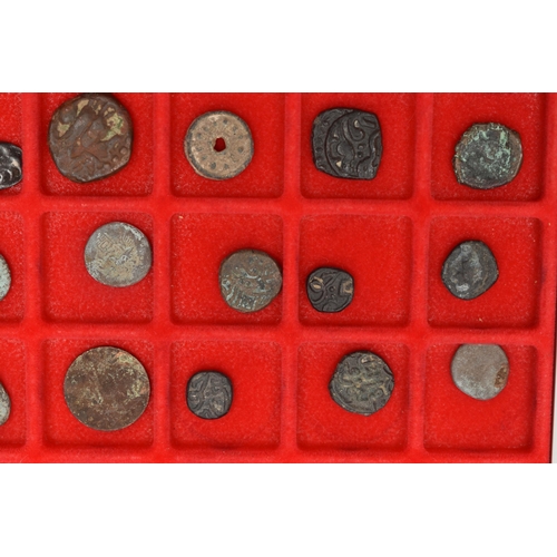 233 - TWO LINDNER TRAYS CONTAINING ANCIENT SILVER AND BRONZE/COPPER COINS, to include lots of India coins ... 