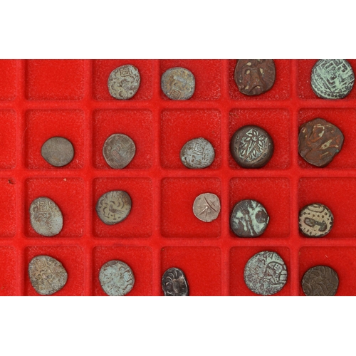 233 - TWO LINDNER TRAYS CONTAINING ANCIENT SILVER AND BRONZE/COPPER COINS, to include lots of India coins ... 