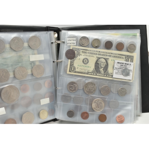 234 - FOUR SMALL ALBUMS CONTAINING COINS AND BANKNOTES, to include Early Ten and One Pound banknotes some ... 