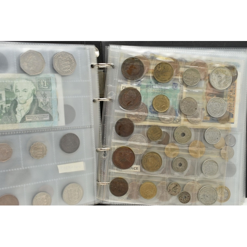 234 - FOUR SMALL ALBUMS CONTAINING COINS AND BANKNOTES, to include Early Ten and One Pound banknotes some ... 