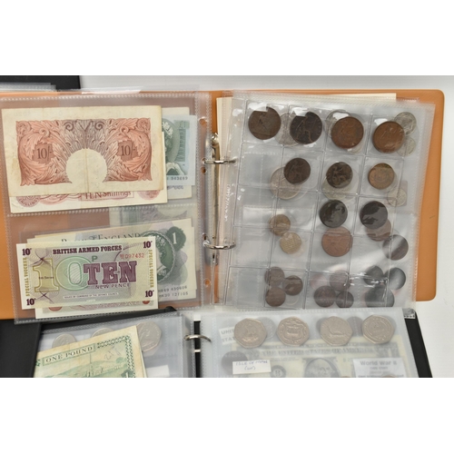 234 - FOUR SMALL ALBUMS CONTAINING COINS AND BANKNOTES, to include Early Ten and One Pound banknotes some ... 