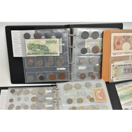 234 - FOUR SMALL ALBUMS CONTAINING COINS AND BANKNOTES, to include Early Ten and One Pound banknotes some ... 