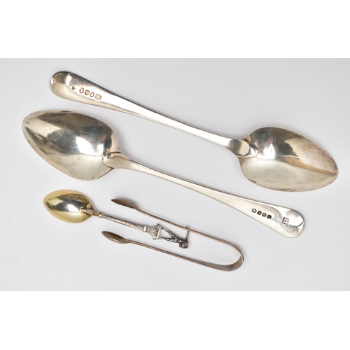 235 - TWO EARLY 19TH CENTURY OLD ENGLISH PATTERN SILVER TABLESPOONS BY THE BATEMAN FAMILY, TOGETHER WITH A... 