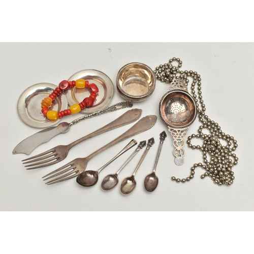 237 - SILVER AND WHITE METAL ITEMS WITH A BRACELET, to include a silver tea strainer with dish, hallmarked... 