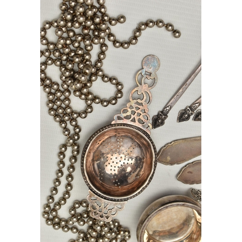 237 - SILVER AND WHITE METAL ITEMS WITH A BRACELET, to include a silver tea strainer with dish, hallmarked... 