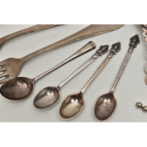 237 - SILVER AND WHITE METAL ITEMS WITH A BRACELET, to include a silver tea strainer with dish, hallmarked... 