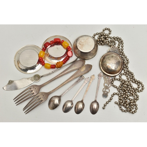 237 - SILVER AND WHITE METAL ITEMS WITH A BRACELET, to include a silver tea strainer with dish, hallmarked... 