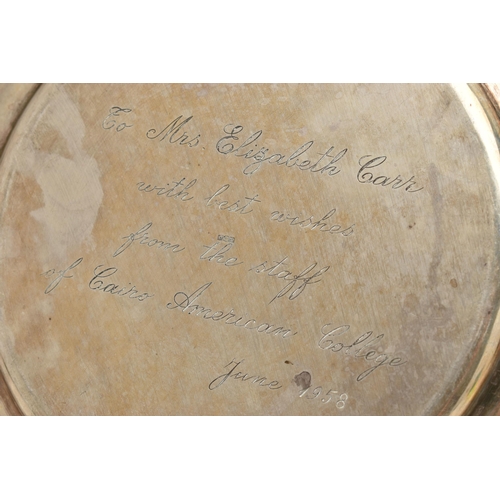 238 - AN EGYPTIAN WHITE METAL WAITER, personal engraving to the reverse reads 'To Mrs Elizabeth Carr with ... 