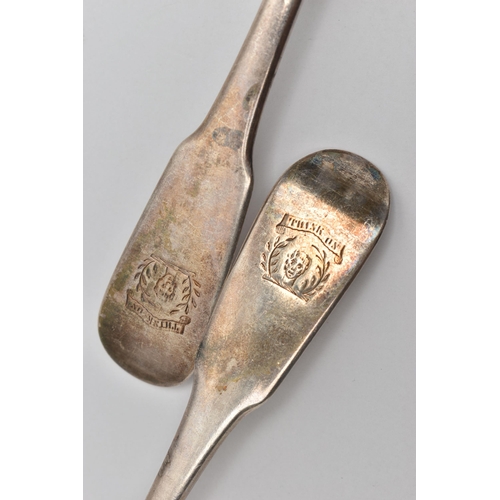 240 - TWO GEORGIAN SILVER BASTING SPOONS, fiddle pattern spoons with engraved crests to the handle termina... 