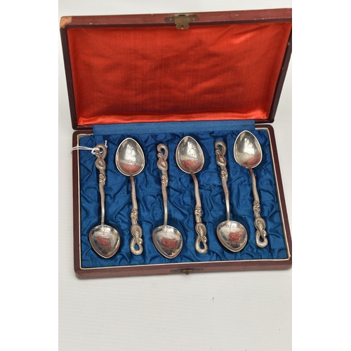 242 - A CASED SET OF SIX JAPANESE NAGASAKI TEA SPOONS, white metal teaspoons with etched detail and serpen... 