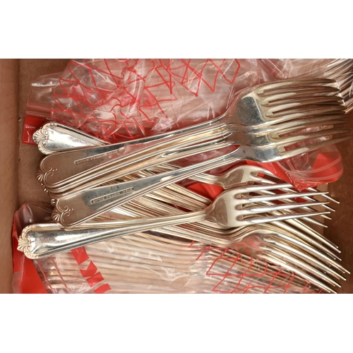 243 - A BOX OF LOOSE 'DAVENPORT AND SULLIVAN' CUTLERY, to include 12 x dinner forks, 12 x dinner knives, 1... 