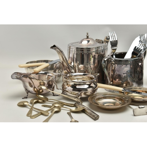 250 - A BOX OF ASSORTED SILVER AND WHITE METAL ITEMS, to include two silver shallow dishes, hallmarked 'Ma... 