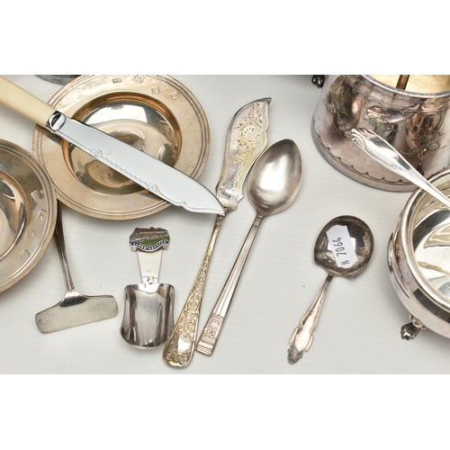 250 - A BOX OF ASSORTED SILVER AND WHITE METAL ITEMS, to include two silver shallow dishes, hallmarked 'Ma... 