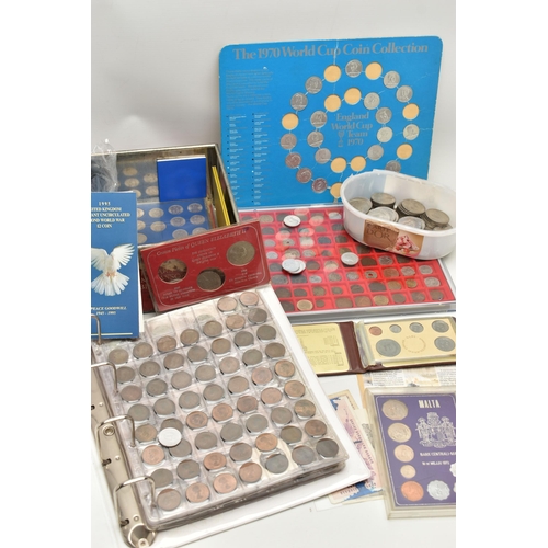 253 - A BOX CONTAINING TWO ALBUMS OF BRITISH COINS, A LINDNER TRAY OF MAINLY WORLD COINS OF WHICH ARE SEVE... 