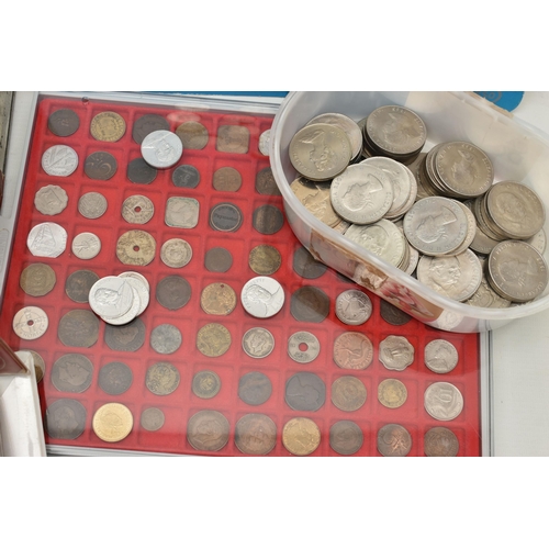 253 - A BOX CONTAINING TWO ALBUMS OF BRITISH COINS, A LINDNER TRAY OF MAINLY WORLD COINS OF WHICH ARE SEVE... 