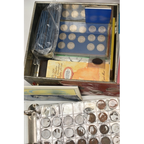 253 - A BOX CONTAINING TWO ALBUMS OF BRITISH COINS, A LINDNER TRAY OF MAINLY WORLD COINS OF WHICH ARE SEVE... 