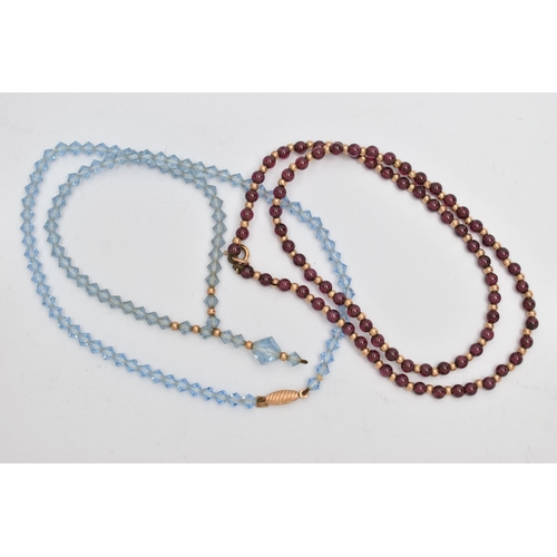 260 - TWO GEM SET NECKLACES, the first desinged as a row of polished circular garnet beads, with yellow me... 