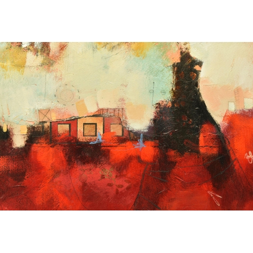 301 - JOHN AND ELLI MILAN (AMERICAN CONTEMPORARY) 'RED DEPTHS I', a colourful abstract composition, signed... 