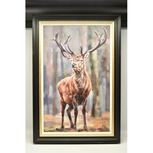 303 - DEBBIE BOON (BRITISH CONTEMPORARY), 'STANDING TALL', a signed limited edition print of a stag, 57/19... 