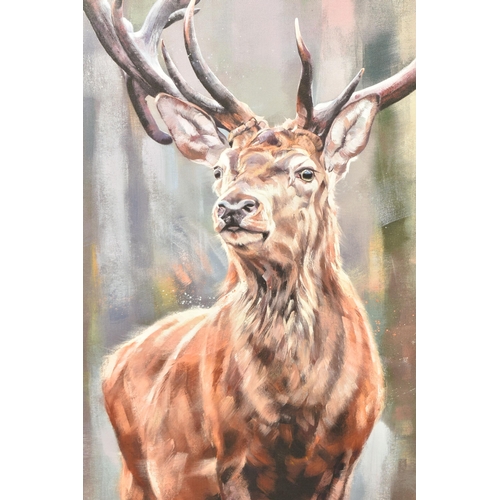 303 - DEBBIE BOON (BRITISH CONTEMPORARY), 'STANDING TALL', a signed limited edition print of a stag, 57/19... 