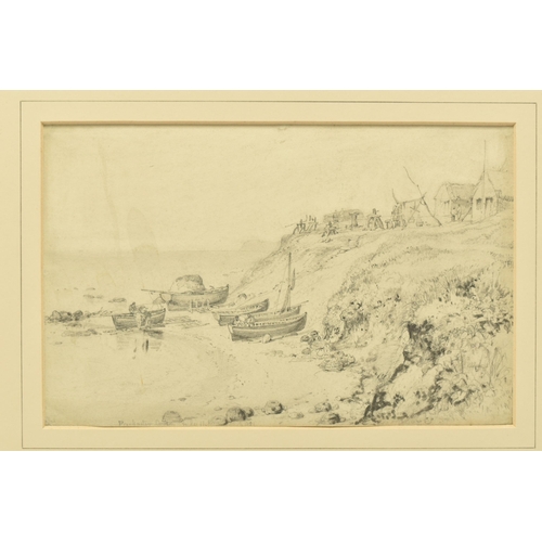 330 - CIRCLE OF EDWARD WILLIAM COOKE RA (1811-1880) FISHING BOATS AT LOW TIDE, figures and equipment on th... 