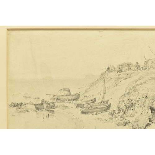 330 - CIRCLE OF EDWARD WILLIAM COOKE RA (1811-1880) FISHING BOATS AT LOW TIDE, figures and equipment on th... 