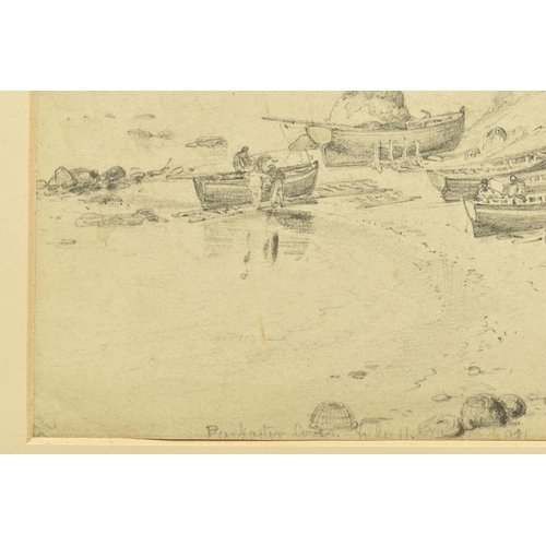 330 - CIRCLE OF EDWARD WILLIAM COOKE RA (1811-1880) FISHING BOATS AT LOW TIDE, figures and equipment on th... 