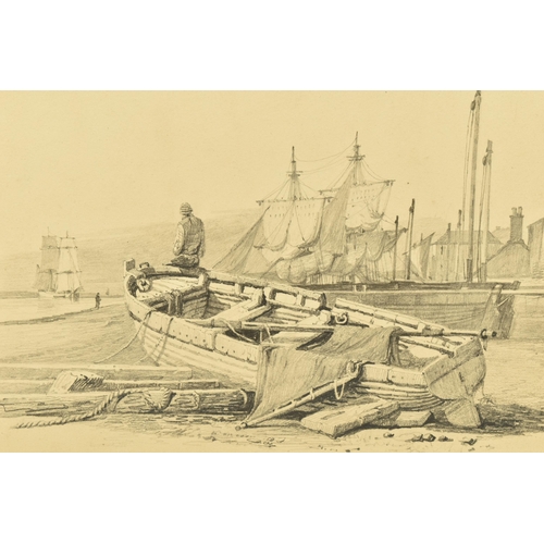 336 - CIRCLE OF SAMUEL PROUT (1783-1852) A FISHING BOAT AT LOW TIDE, a figure is sitting on the bow of a f... 