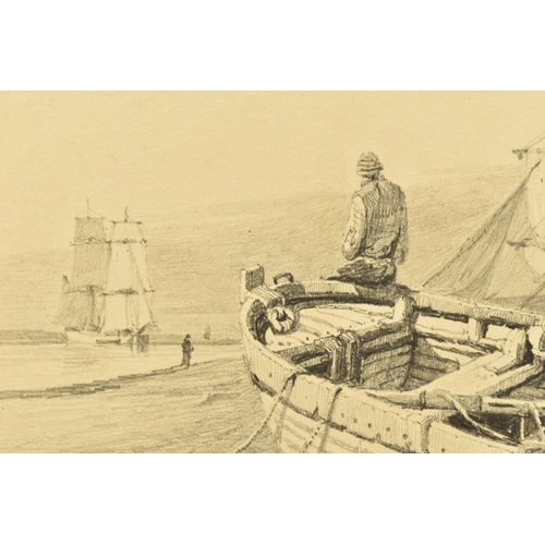 336 - CIRCLE OF SAMUEL PROUT (1783-1852) A FISHING BOAT AT LOW TIDE, a figure is sitting on the bow of a f... 