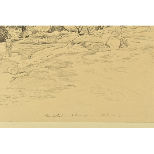 339 - JOHN LINNELL (1792-1882) 'HAMPSTEAD', a landscape sketch with figures, signed and dated 1825-7 to lo... 