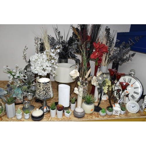 351 - A LARGE QUANTITY OF FAUX FLOWERS, LAMPS AND MODERN WALL CLOCKS, comprising three table lamps, three ... 