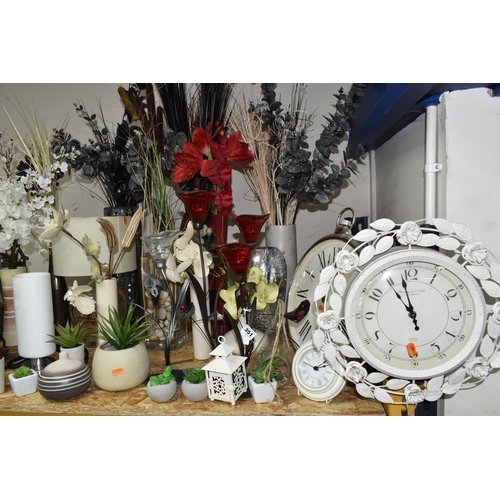 351 - A LARGE QUANTITY OF FAUX FLOWERS, LAMPS AND MODERN WALL CLOCKS, comprising three table lamps, three ... 