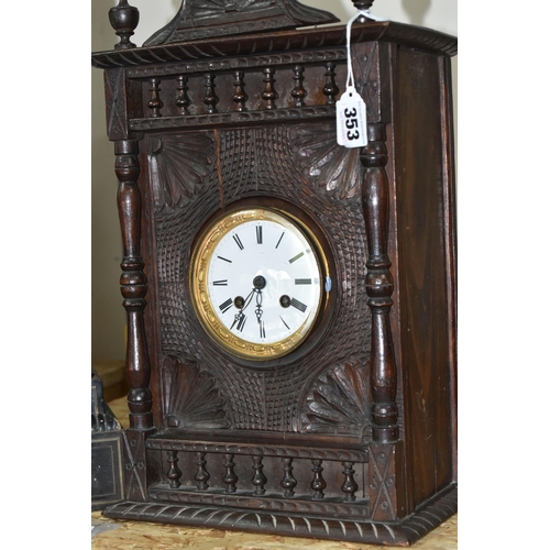 353 - TWO MANTEL CLOCKS, comprising a French portico clock in need of restoration and a carved wooden mant... 