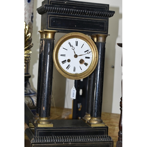 353 - TWO MANTEL CLOCKS, comprising a French portico clock in need of restoration and a carved wooden mant... 