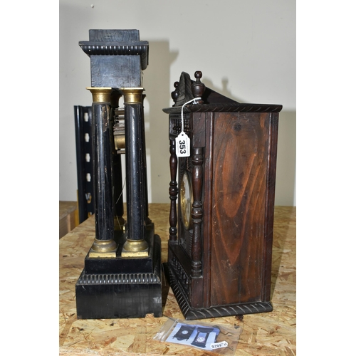 353 - TWO MANTEL CLOCKS, comprising a French portico clock in need of restoration and a carved wooden mant... 