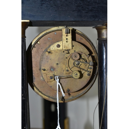 353 - TWO MANTEL CLOCKS, comprising a French portico clock in need of restoration and a carved wooden mant... 