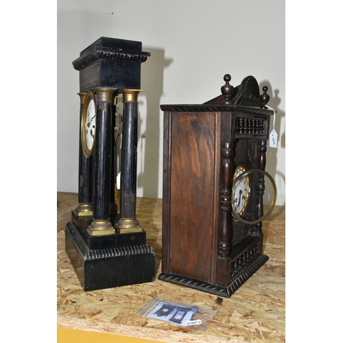 353 - TWO MANTEL CLOCKS, comprising a French portico clock in need of restoration and a carved wooden mant... 