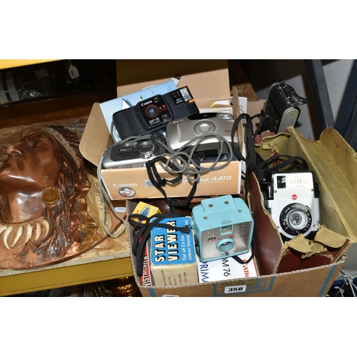 358 - A BOX OF VINTAGE CAMERAS, TYPEWRITER, SEWING MACHINE AND WALL PLAQUE, comprising a wooden cased trea... 