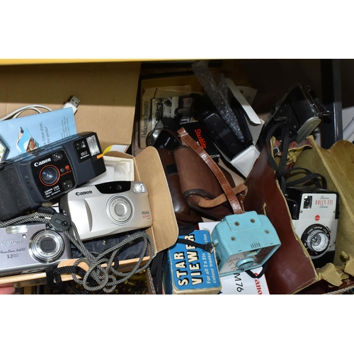 358 - A BOX OF VINTAGE CAMERAS, TYPEWRITER, SEWING MACHINE AND WALL PLAQUE, comprising a wooden cased trea... 