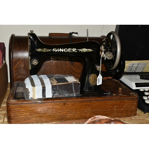 358 - A BOX OF VINTAGE CAMERAS, TYPEWRITER, SEWING MACHINE AND WALL PLAQUE, comprising a wooden cased trea... 