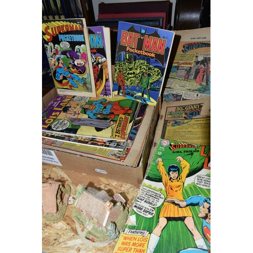 359 - TWO BOXES AND LOOSE BOOKS, COMICS, MINERS LAMP AND SUNDRY ITEMS, to include comics including Superma... 